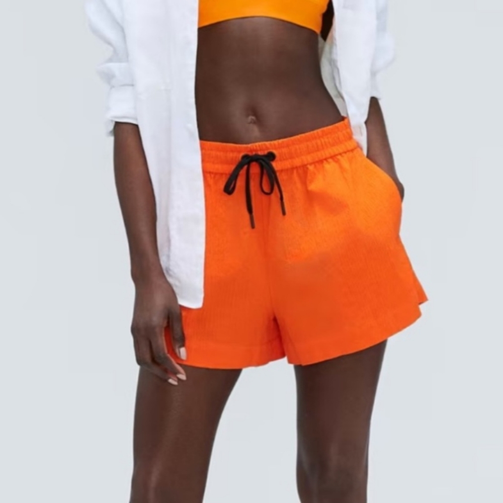 Everlane Seersucker Boxer Organic Cotton Shorts Womens Sz XL Orange Pockets